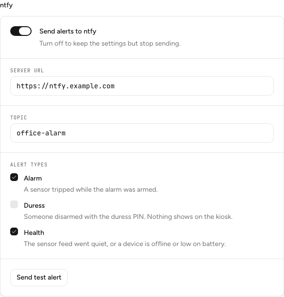 Settings > Notifications: the ntfy card with its enabled switch, fields, alert types and test button