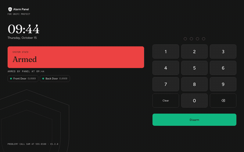 A sensor trips, the alarm sounds, a PIN silences and disarms
